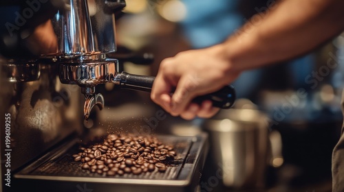 A person expertly operating an espresso machine with coffee beans in a bustling cafe environment.