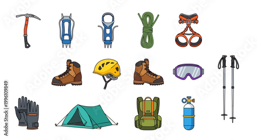 Mountaineering and climbing equipment set for outdoor adventures