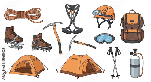 Set of climbing and hiking equipment illustration.