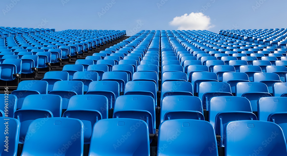 Fototapeta premium Rows of empty blue stadium seats in large sports arena under clear sky