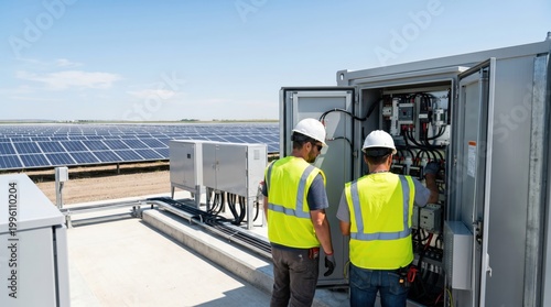 Male electricians and workers wearing safety helmet inspecting solar panels checking electrical control box at renewable energy station for power generation maintenance
