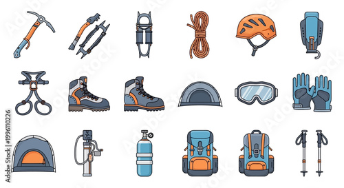 Collection of Mountaineering and Hiking Equipment Icons