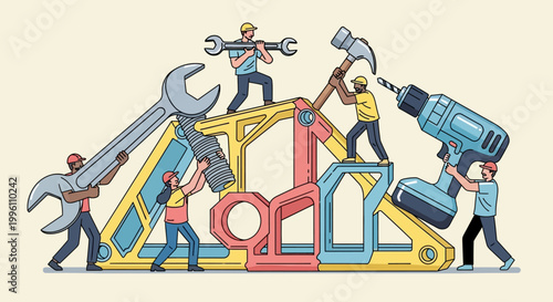 Diverse team working together on construction project with various tools