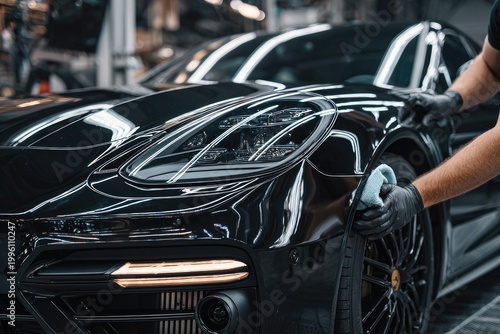 Professional Car Detailing Service Polishing a Black Luxury Sports Car.
