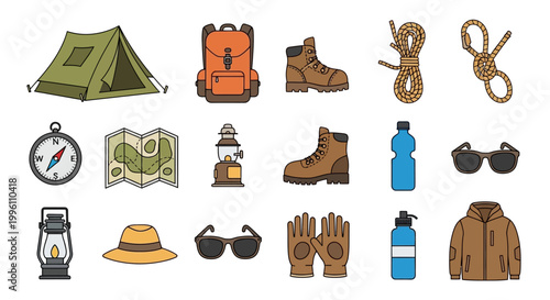 Collection of camping equipment and hiking gear icons for outdoor adventure