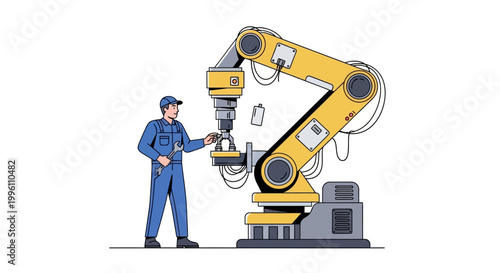 Technician repairing industrial robotic arm in factory