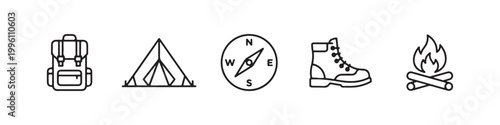 Vector icons of outdoor hiking equipment in a clean, thin line style, featuring a triangular tent, a rugged trekking boot, a campfire, a compass, and a travel backpack.