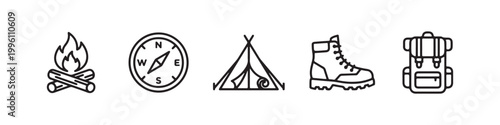 Vector icons of outdoor hiking equipment in a clean, thin line style, featuring a triangular tent, a rugged trekking boot, a campfire, a compass, and a travel backpack.