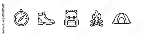 Vector icons of outdoor hiking equipment in a clean, thin line style, featuring a triangular tent, a rugged trekking boot, a campfire, a compass, and a travel backpack.
