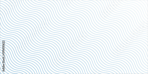 Blue wave texture gradient. Fading curved linear halftone gradation. Wavy water lines pattern wallpaper. Thin to thick undulate stripes background for overlay, print, cover, graphic design. Vector