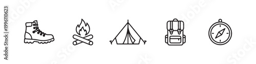 Vector icons of outdoor hiking equipment in a clean, thin line style, featuring a triangular tent, a rugged trekking boot, a campfire, a compass, and a travel backpack.