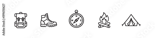 Vector icons of outdoor hiking equipment in a clean, thin line style, featuring a triangular tent, a rugged trekking boot, a campfire, a compass, and a travel backpack.