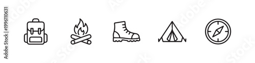 Vector icons of outdoor hiking equipment in a clean, thin line style, featuring a triangular tent, a rugged trekking boot, a campfire, a compass, and a travel backpack.