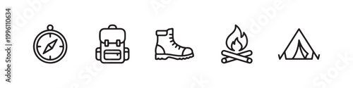 Vector icons of outdoor hiking equipment in a clean, thin line style, featuring a triangular tent, a rugged trekking boot, a campfire, a compass, and a travel backpack.