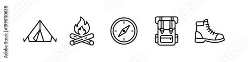 Vector icons of outdoor hiking equipment in a clean, thin line style, featuring a triangular tent, a rugged trekking boot, a campfire, a compass, and a travel backpack.
