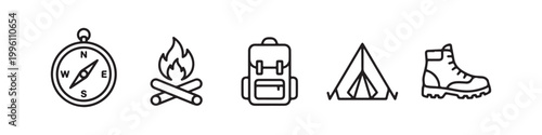Vector icons of outdoor hiking equipment in a clean, thin line style, featuring a triangular tent, a rugged trekking boot, a campfire, a compass, and a travel backpack.