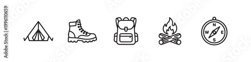 Vector icons of outdoor hiking equipment in a clean, thin line style, featuring a triangular tent, a rugged trekking boot, a campfire, a compass, and a travel backpack.