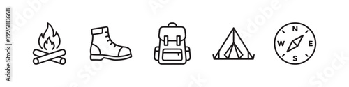 Vector icons of outdoor hiking equipment in a clean, thin line style, featuring a triangular tent, a rugged trekking boot, a campfire, a compass, and a travel backpack.