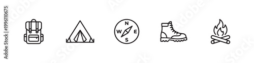 Vector icons of outdoor hiking equipment in a clean, thin line style, featuring a triangular tent, a rugged trekking boot, a campfire, a compass, and a travel backpack.