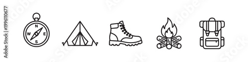 Vector icons of outdoor hiking equipment in a clean, thin line style, featuring a triangular tent, a rugged trekking boot, a campfire, a compass, and a travel backpack.
