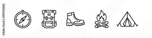 Vector icons of outdoor hiking equipment in a clean, thin line style, featuring a triangular tent, a rugged trekking boot, a campfire, a compass, and a travel backpack.