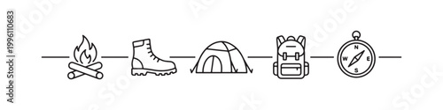 Vector icons of outdoor hiking equipment in a clean, thin line style, featuring a triangular tent, a rugged trekking boot, a campfire, a compass, and a travel backpack.