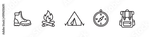 Vector icons of outdoor hiking equipment in a clean, thin line style, featuring a triangular tent, a rugged trekking boot, a campfire, a compass, and a travel backpack.