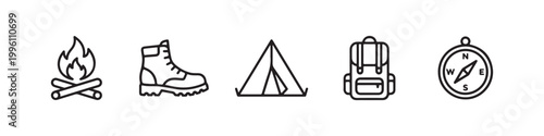 Vector icons of outdoor hiking equipment in a clean, thin line style, featuring a triangular tent, a rugged trekking boot, a campfire, a compass, and a travel backpack.
