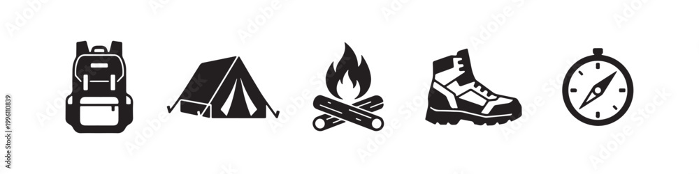 Obraz premium Vector icons of outdoor hiking gear in a minimalist style, featuring a trekking boot, campfire, rugged backpack, compass, and tourist tent