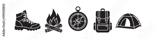 Vector icons of outdoor hiking gear in a minimalist style, featuring a trekking boot, campfire, rugged backpack, compass, and tourist tent