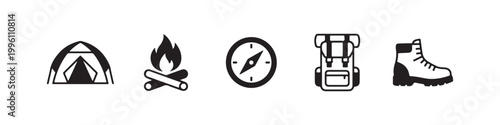 Vector icons of outdoor hiking gear in a minimalist style, featuring a trekking boot, campfire, rugged backpack, compass, and tourist tent