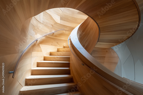 Spiral staircase with smooth curves leads up to a bright space in a modern home interior