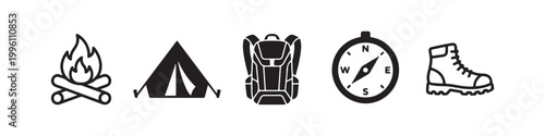 Vector icons of outdoor hiking gear in a minimalist style, featuring a trekking boot, campfire, rugged backpack, compass, and tourist tent