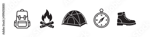 Vector icons of outdoor hiking gear in a minimalist style, featuring a trekking boot, campfire, rugged backpack, compass, and tourist tent
