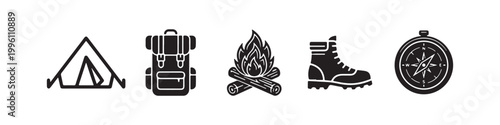 Vector icons of outdoor hiking gear in a minimalist style, featuring a trekking boot, campfire, rugged backpack, compass, and tourist tent