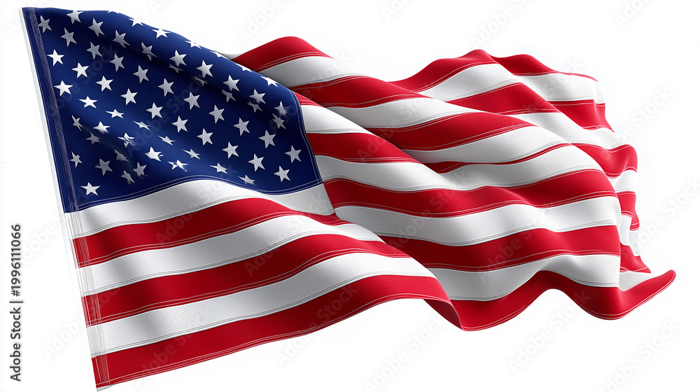 Fototapeta premium Waving American flag in PNG format with transparent background, stars and stripes symbol, patriotic design element, freedom and independence, with copy space