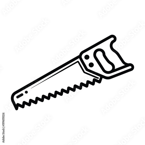 Black and white line art illustration of a woodworking hand saw tool for cutting wood