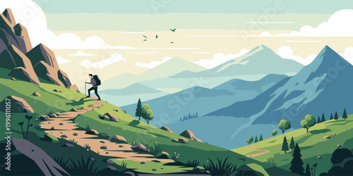 A panoramic summer landscape featuring green mountain meadows and rolling hills under a cloudy blue sky with a lush forest valley in the rural countryside