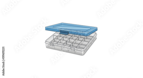 Transparent plastic pill organizer with multiple compartments and a blue lid for daily medication management.