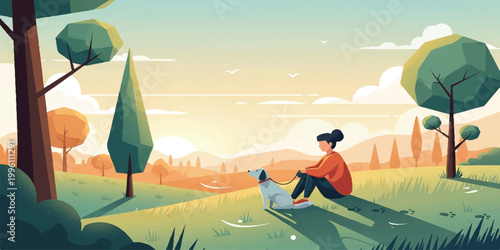 Vector illustration of a man and woman walking through a summer meadow landscape toward a sunset over distant mountain hills