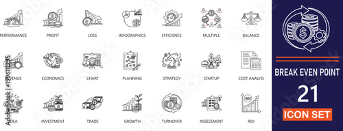 Editable line icons for break even point analysis, financial , balance, professional, revenue, and business sustainability. Ideal for ROI presentations.