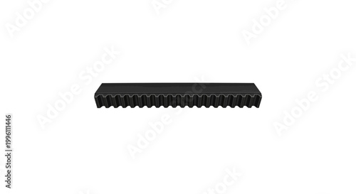 Black rubber timing belt with teeth isolated on white background.