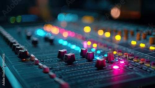 Close-up of a professional audio mixing console with illuminated faders and buttons.