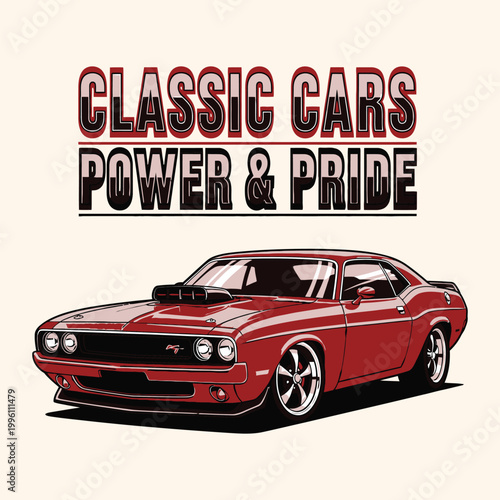 Classic American muscle car in red with power and pride design