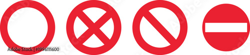 Collection of four red icons representing prohibition stop no entry signs no entry do not enter parking rectangle prohibition forbidden illustration