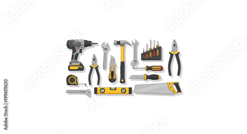 Set of various hand tools and power drill arranged neatly on white background.