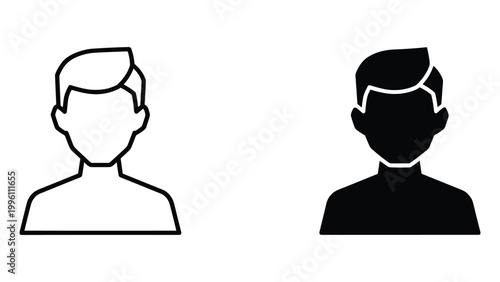 A simple black and white illustration of two men facing forward in a minimalist style