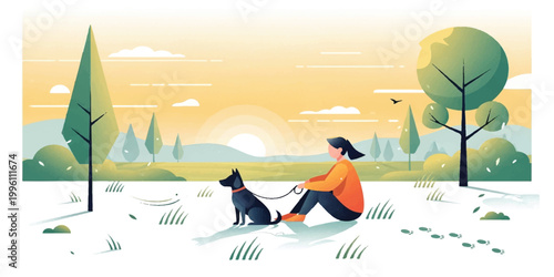 Tropical summer illustration of a woman and child with their dog and cat enjoying a sunset silhouette on a sandy beach with palm trees and ocean waves