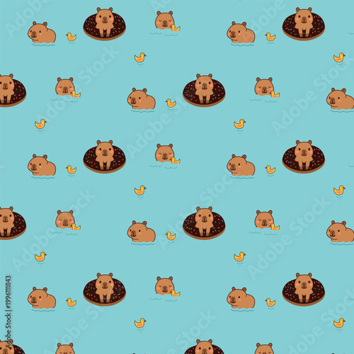 Pattern with cute capybaras and ducks. Summer is coming.