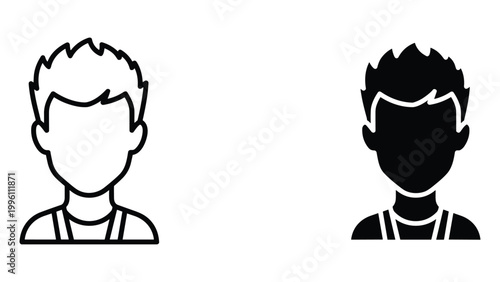 A simple black and white illustration of two faceless male avatars side by side